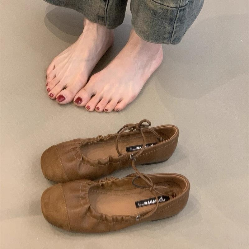 

Синяя версия шкафчика~ ретро плиссированные туфли Мэри Джейн на плоской подошве со шнуровкой, туфли-лодочки с мелким вырезом, женские туфли-балетки с круглым носком на одной педали 40 верблюд