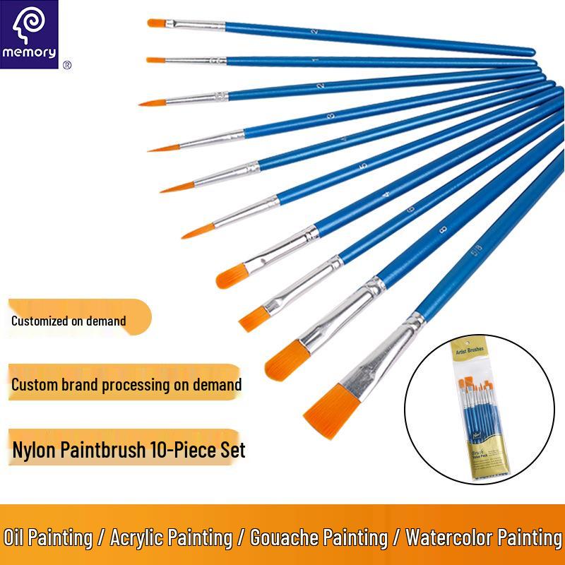 10-Piece Nylon Bristle Paintbrush Set for Watercolor, Gouache, Oil, and Acrylic Painting