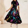 Women Plus Size Round Neck Short Sleeve Gathered Waist Green Gold Leaf Printed A Line Long Dress
