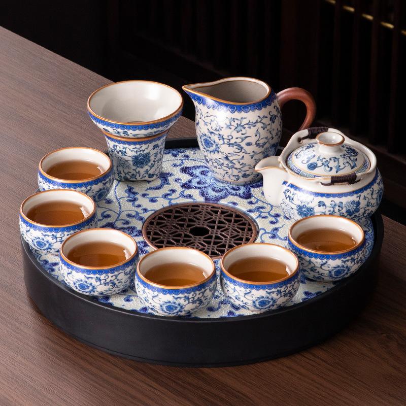 Neues Ru-Brennofen Kung Fu Tee-Set Teetisch Ein komplettes Set für Zuhause/Büro Keramik Teekanne Teetasse Tee Tablett Set
