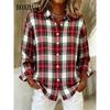 Spring Women's Blouse Summer Classic Plaid Printed Shirts Casual Outdoor Streetwear Long-Sleeve Button Shirt Everyday Tops