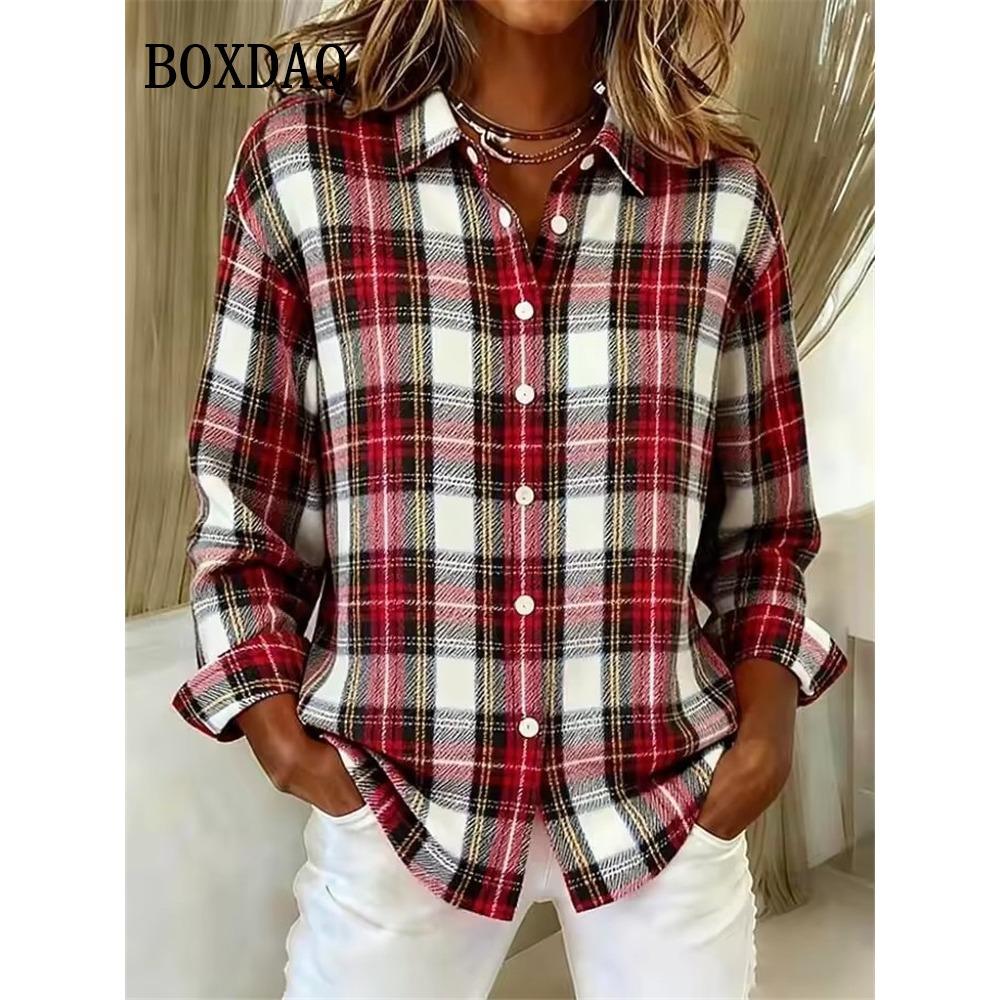 Spring Women's Blouse Summer Classic Plaid Printed Shirts Casual Outdoor Streetwear Long-Sleeve Button Shirt Everyday Tops
