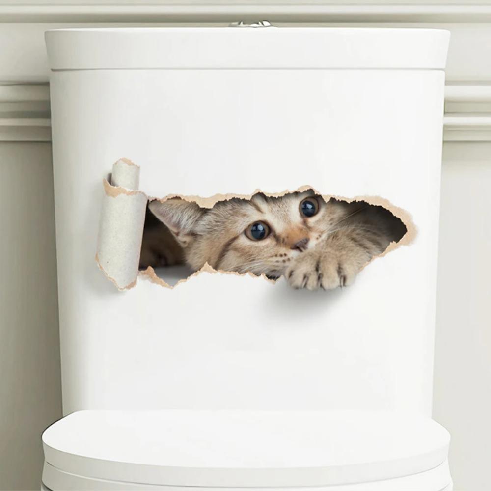 One Piece 3D Torn Peeping Kitten Toilet Sticker Waterproof Self Adhesive Bathroom Seat Decal Funny Decor Wall Sticker Room Decor