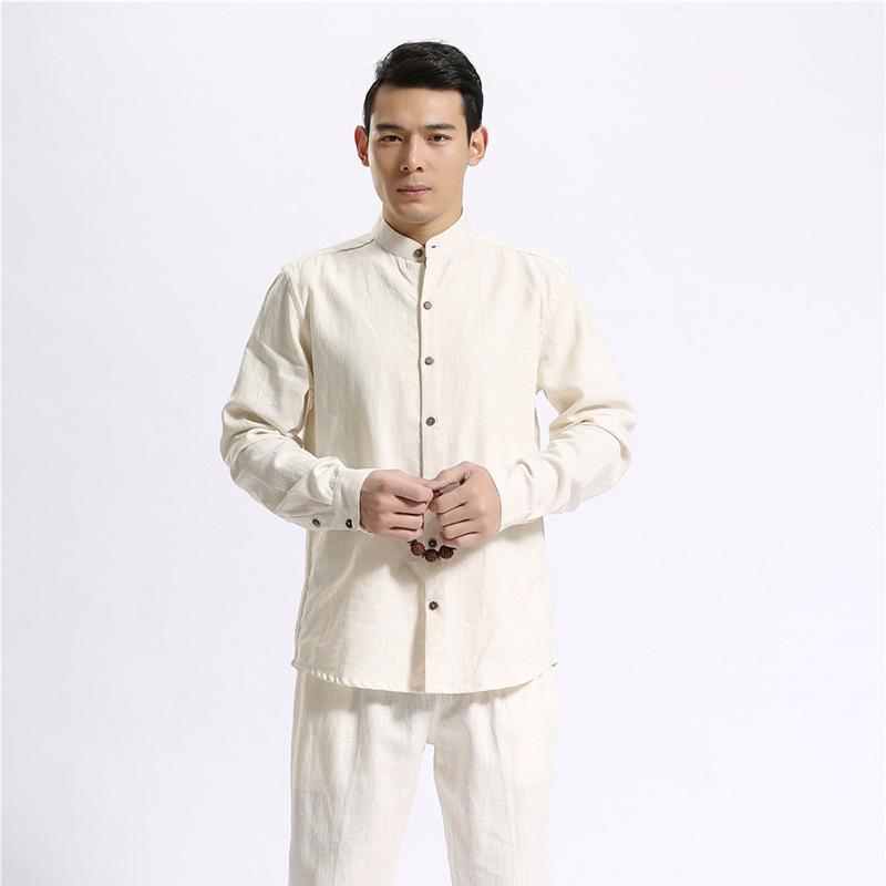 Ma Fan Buyi 2025 Chinese Style Men's Linen Shirt with Coconut Button and Stand Collar