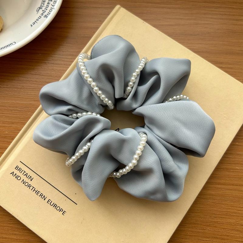 Sweet Pearl Satin Scrunchie For Women Black Silk Hair Bands Girls Big Elastic Hair Tie Ponytail Holder Hair Rope Headdress