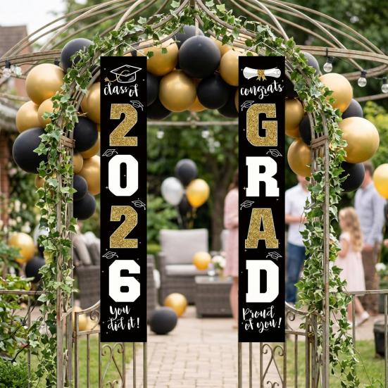 1 Pair 2026 Graduation Decoration Class of 2026 Congrats Grad Door Sign Indoor Outdoor Front Door Porch Hanging Banner for Graduation Party