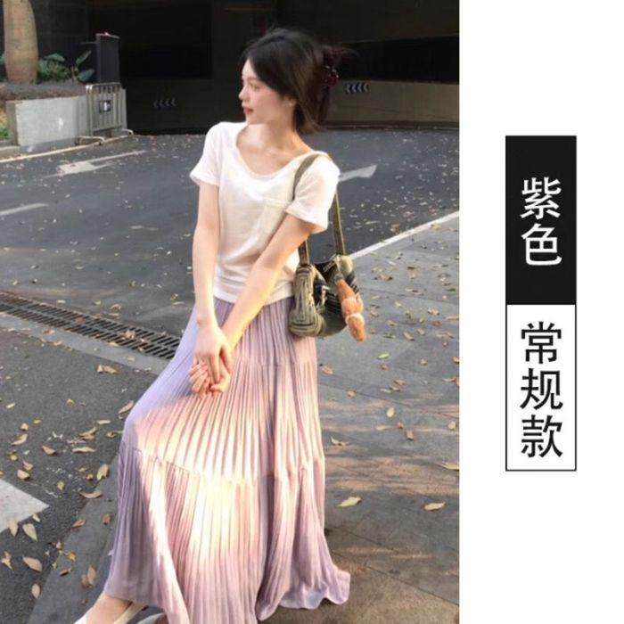 

Apricot skirt women s spring and summer new high waist thin a-word skirt small chiffon pleated skirt umbrella skirt 2XL