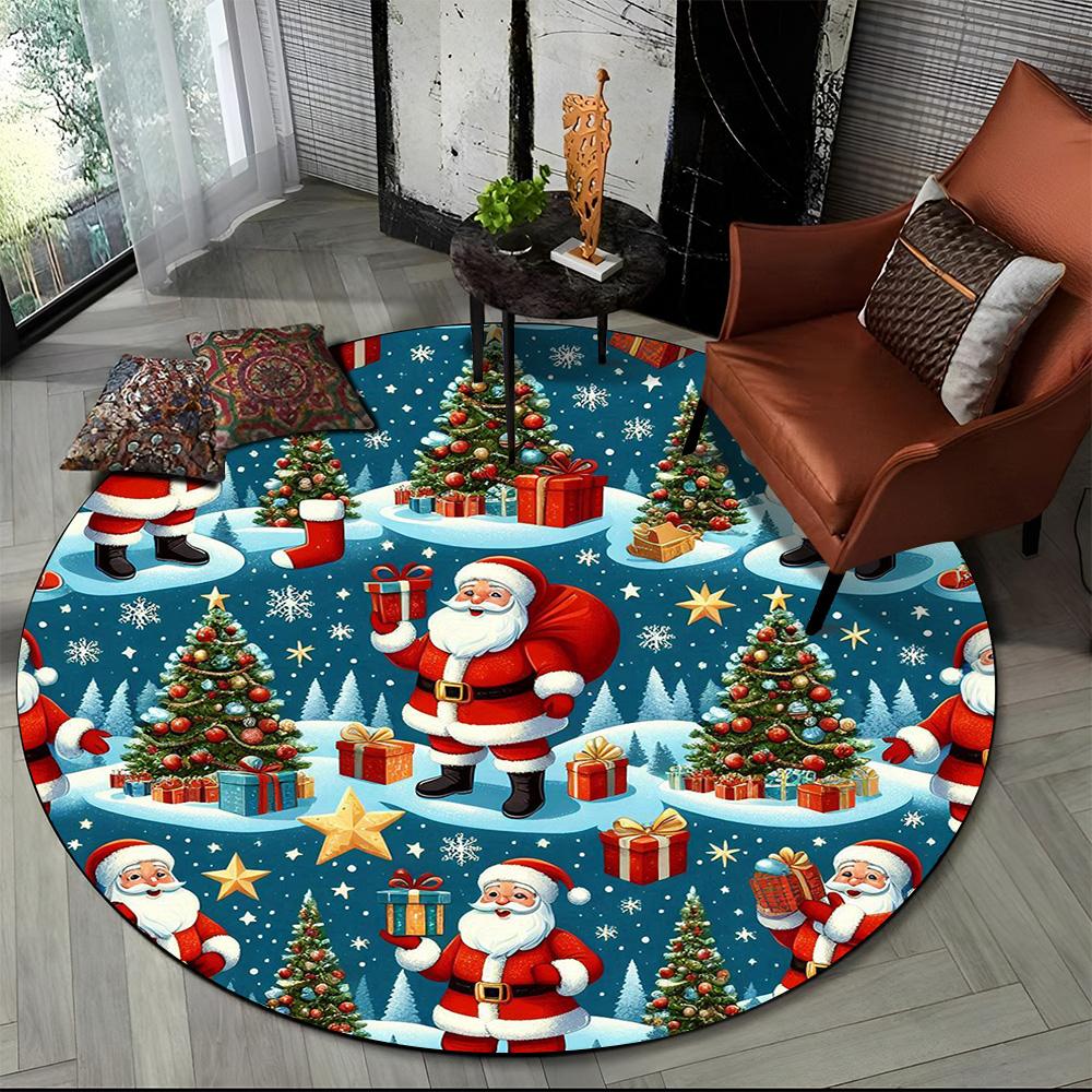 Merry Christmas Cartoon Santa Claus Snowman New Year Round Carpet Rug for Bedroom Living Room Sofa Decoration,Decor Floor Mat
