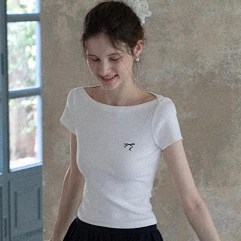 

New Women s New Spliced Pullover One-line Collar Fashionable Slim Fit Versatile Design Short-sleeved T-shirt Top S білий