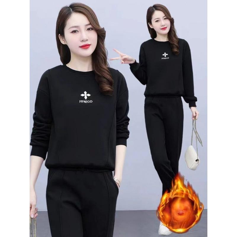 Thick Velvet Fashion Casual Sportswear Suit Women's Autumn and Winter Loose Sweatshirt and Sweatpants Slimming Two-piece Set