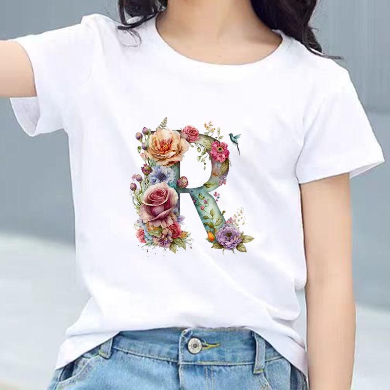 Kids Cotton T Shirt Floral Letter R Print Crew Neck Short Sleeve Tee Casual Boys Girls Summer Tops
