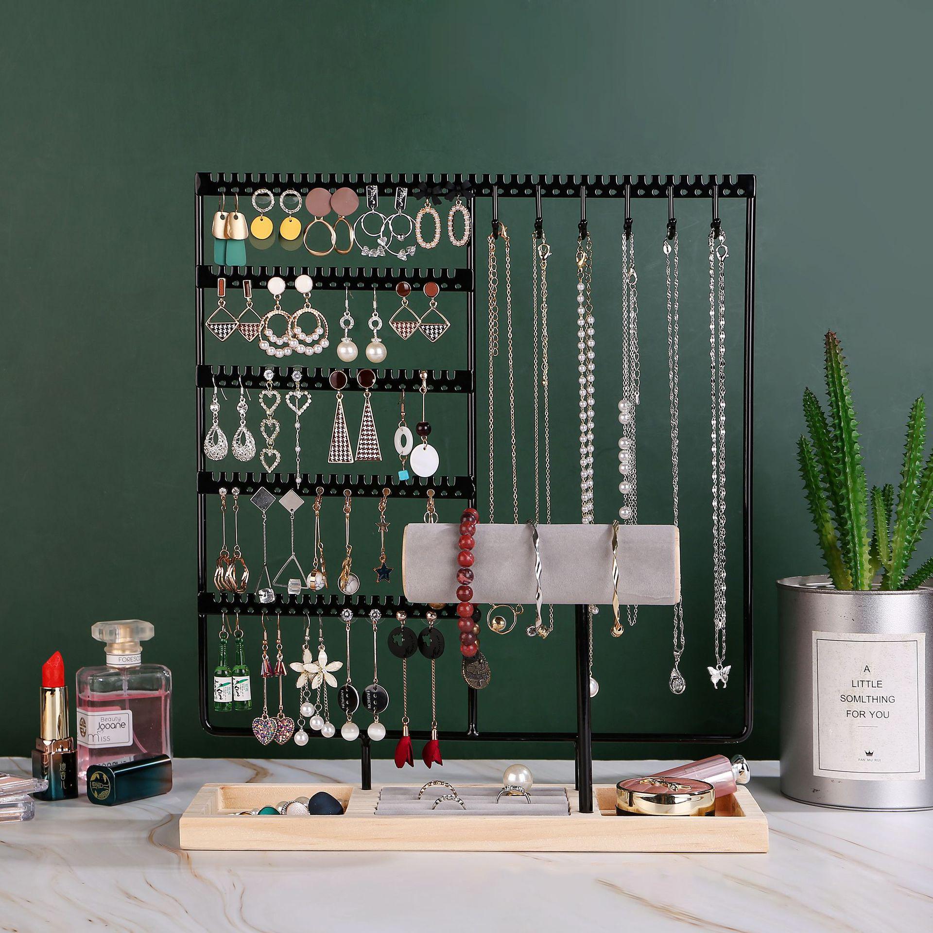 

Jewelry Display Rack Earrings Ring Necklace Watch Jewelry Shelf Organizer Bracelet Stand Holder Hooks Storage with Jewelry Tray чёрный