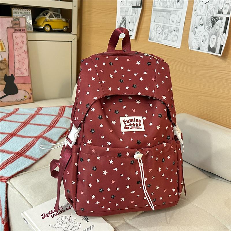 Cute Star Print Nylon Backpack for Women – Fashionable School & Daily Use Bag with Front Drawstring Pocket and Plush Charm