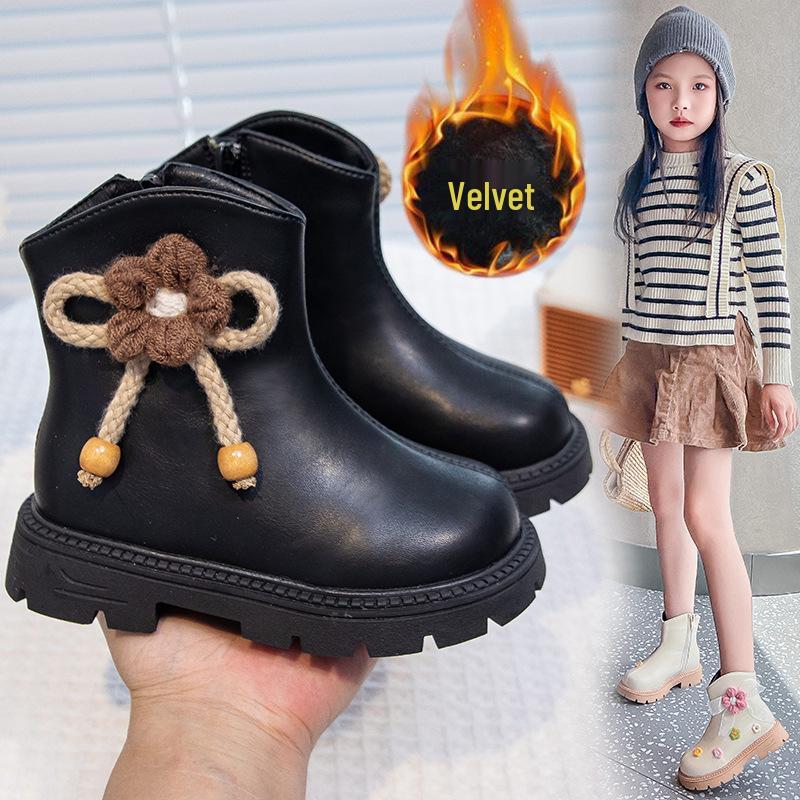 

Beige Princess Ankle Boots for Girls - Soft Sole Leather, Non-Slip, 2025 New Style Size 26, Length 16.3cm