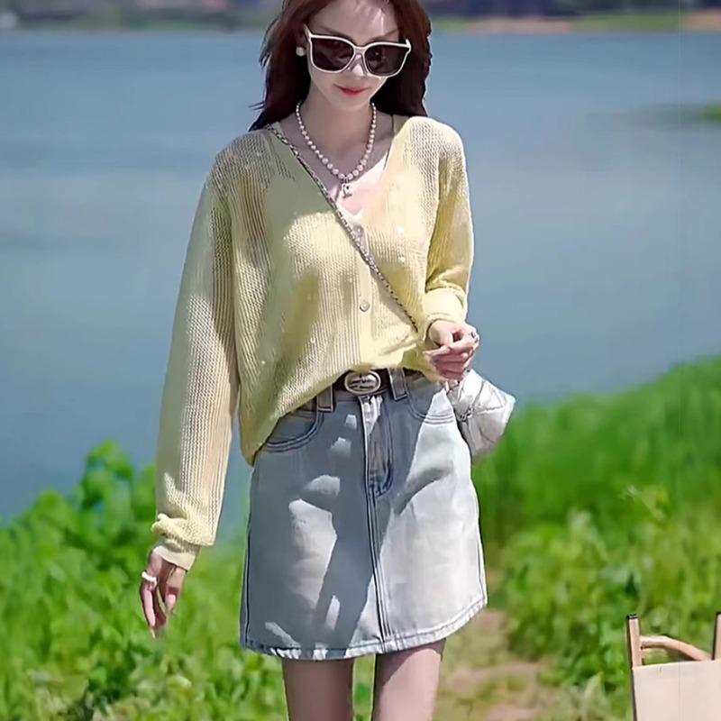 Ice Silk High-end Sequin Knitted Cardigan Women's Summer New Hollow Tulle Sunscreen Outerwear Blouse Top