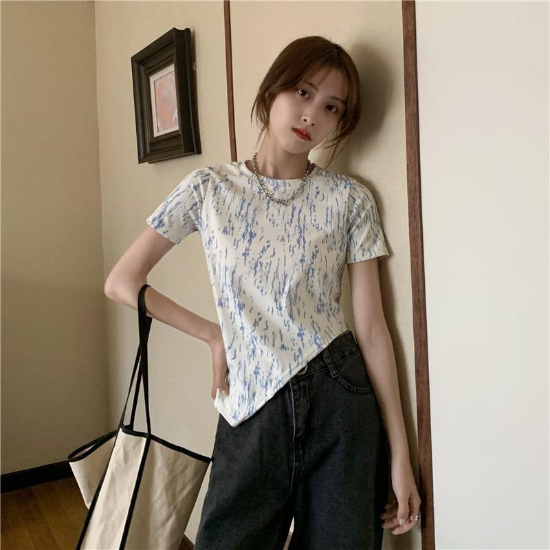 New Korean Style Slim and Slim Tie-dyed Top Irregular Slanted Fork Short-sleeved T-shirt for Women