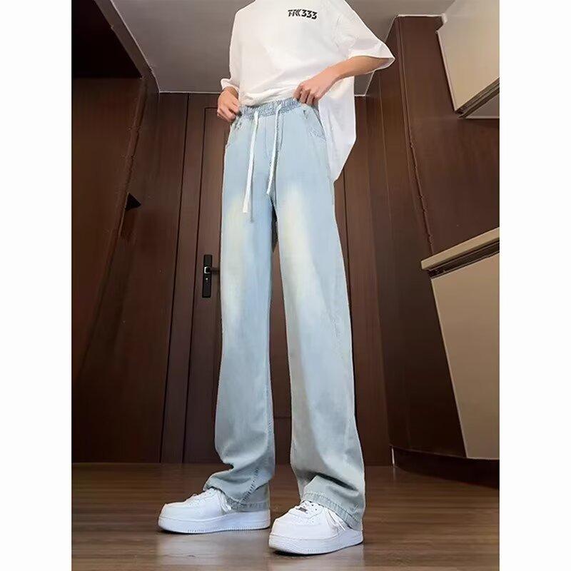 Light-colored soft jeans men's summer thin ice silk teen high school students elastic waist ironless boys summer pants