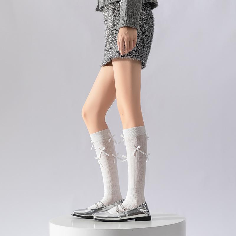 Barrel-style Bow Long Calf Socks for Girls, Lolita Pile Sweet School-style Cotton Socks for Young Girls