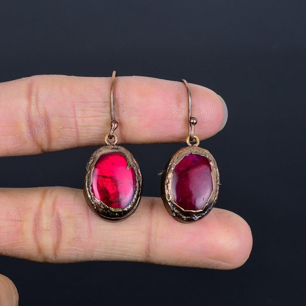 Pink Flash Labradorite Earrings Gemstone Jewelry, Copper Electroformed Earrings, Gift For Women Handmade Earrings