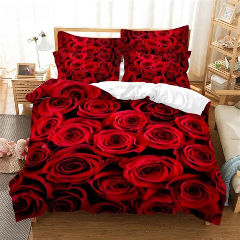 Red Rose Flowers Bedding Set Fashion Duvet Cover Gift For Women Girls Twin Single Queen King Full Size Polyester Duvet Cover Set