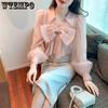 Early Spring Women's Shirt Chiffon V-neck Bowknot Shirt Small Crowd Style Pink Chiffon Shirt with Design