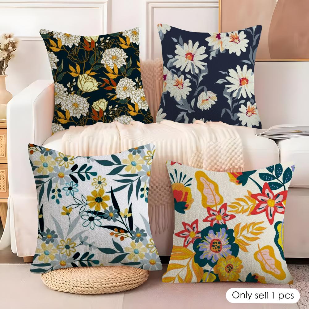 Classic Fresh Floral Pattern Cushion Cover Natural Linen Organic Fabric DoubleSided Printing Sofa Home Decor Gift Pillow Cover
