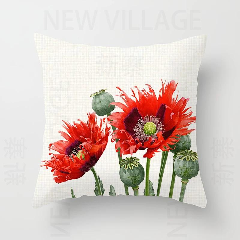 Nordic modern red flower linen pillowcase sofa cushion cover home decoration can be customized for you 40x40 50x50 60x60 45x45