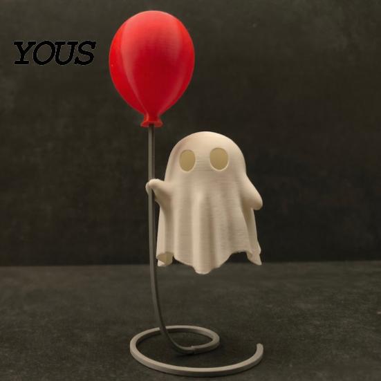 Balloon Ghost Figurine Cute with Balloon, Warm LED Night Light, Halloween Spooky Ornament Decoration for Bedroom Desk Table Centerpiece Cozy