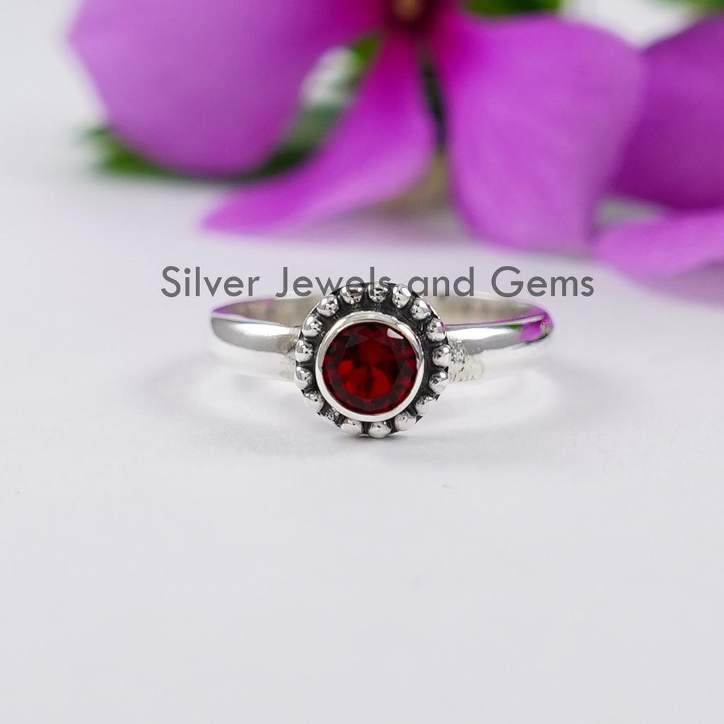 Garnet Ring, Round Boho Ring, Stackable Ring, Dainty Ring, Wedding Ring, Red Gemstone Ring, Handmade Ring, 925 Sterling Silver Ring for Gift