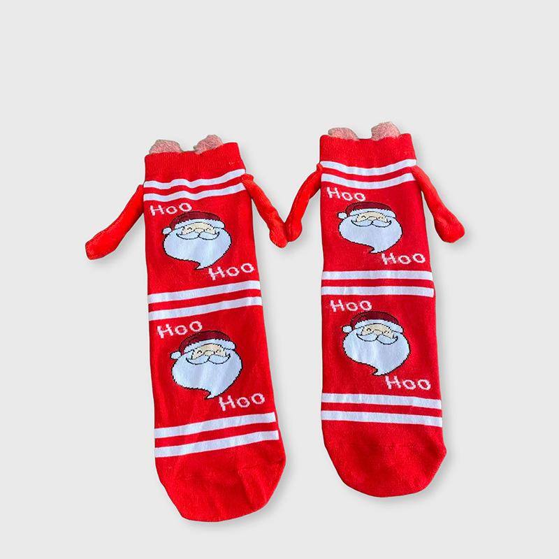 Creative Christmas Magnetic Couple Socks Funny Hand In Hand Design Stockings Red Cotton Mid-calf Unisex Japanese Style Cute Sock