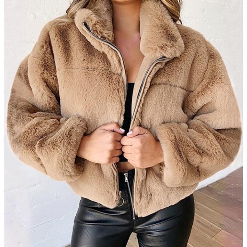 Women's Autumn Winter Faux Fur Short Coats Zipper Plush Warm Oversized Thick Jacket Turn Down Collar Overcoat