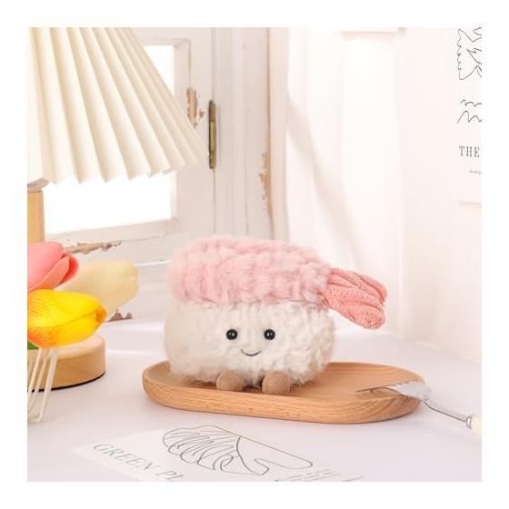 Apricot Lamb Shrimp Sushi Plush Toy, Soft Cute Fluffy Shrimp Sushi for Boys and Girls 8cm