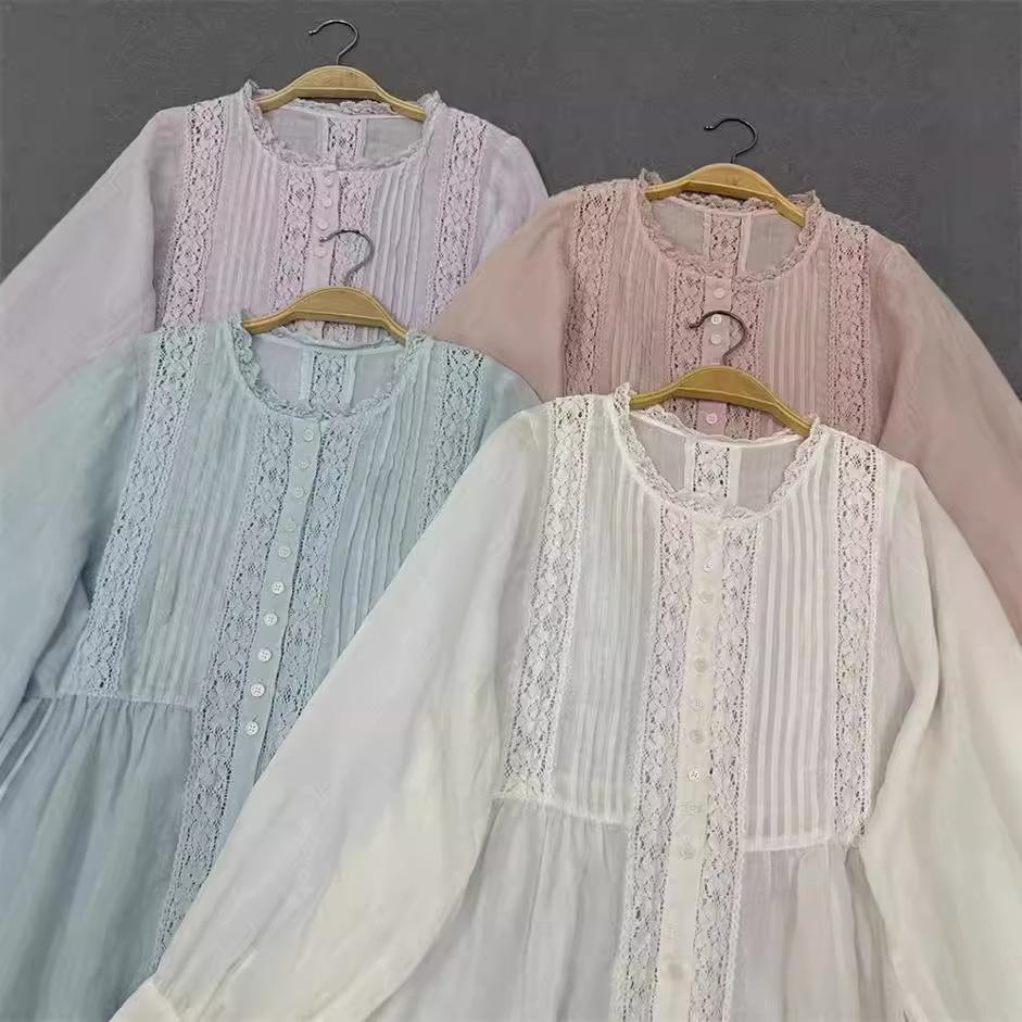 Johnature Japanese Mori Women Hollow Lace Loose Dress Women Summer Thin Loose Casual Vintage Female Dresses