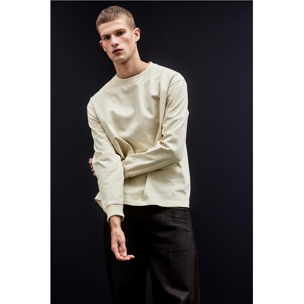 H M Long Sleeve Jersey Top Loose Fit ligHt Beige