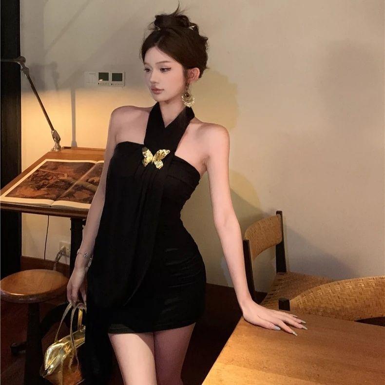 Extravagant Detachable Butterfly Brooch Small Black Dress Female Sexy Backless Irregular Hip Wrap Dress