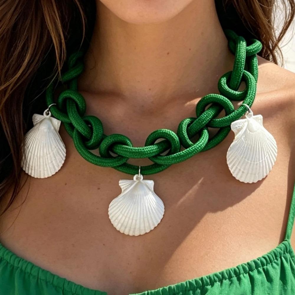 Handmade Thick Rope Necklace Thick Rope Conch Pendant Necklace Shell Pendant Necklace Summer Beach зелёный