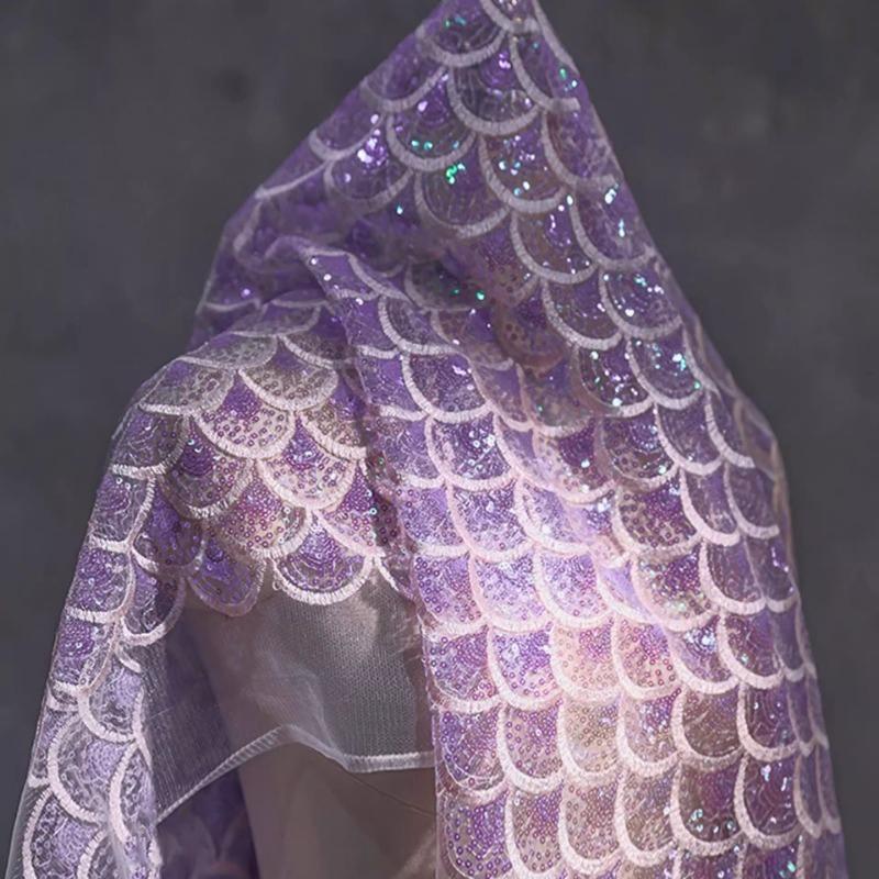 Shiny Sequin Fabric Mermaid Tail Embroidered Dreamy Color Net for Diy Sewing Dress Clothing Material 50x135cm