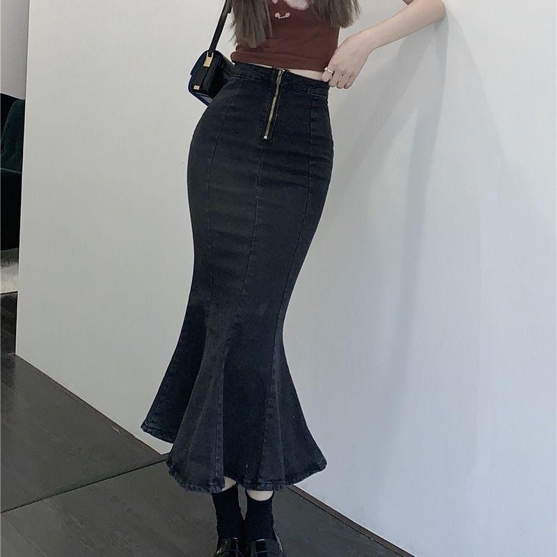 Ruffle Fishtail Skirt Black Slim High-waisted Open Package Hip A-line Elastic Medium-length Female Versatile Comfortable Fashion Denim Bustier Skirt