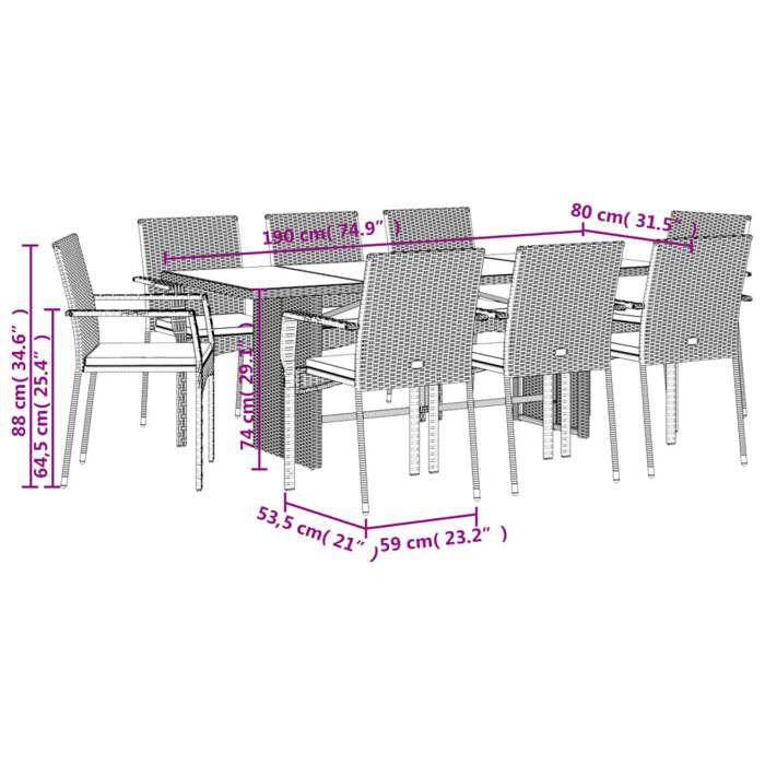 VidaXL Ensemble à Manger de Jardin avec Coussins 9 pcs, Table et Chaise de Terrasse, Meubles de Patio, Mobilier d'Extérieur, 3213495