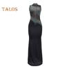 Lady Evening Dress Rhinestone Decor Mesh Patchwork Sleeveless Skinny Round Neck Wedding Party Maxi Dress for Prom Club Formal Banquet