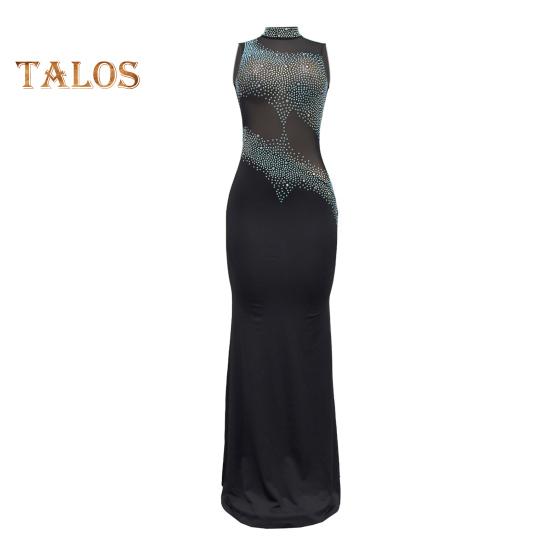 Lady Evening Dress Rhinestone Decor Mesh Patchwork Sleeveless Skinny Round Neck Wedding Party Maxi Dress for Prom Club Formal Banquet