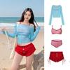 Japanese and Korean One-Shoulder Embroidered Long-Sleeve Swimsuit with Blue Bikini Cover-Up