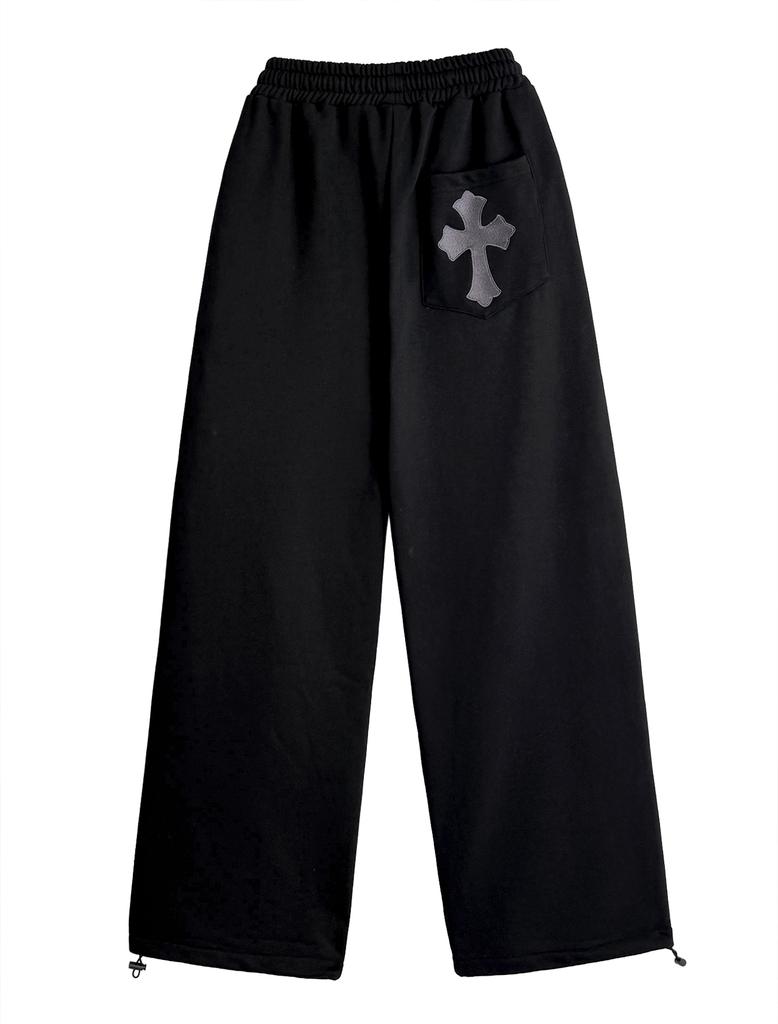 Lupeu Cross Embroidery Elastic Banding Pintuck Wide Long Pants Black
