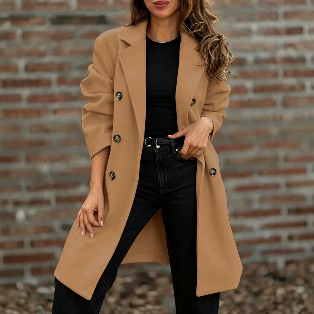 Women S Autumn Winter Wool Blend Coat Notched Lapel Double Breasted