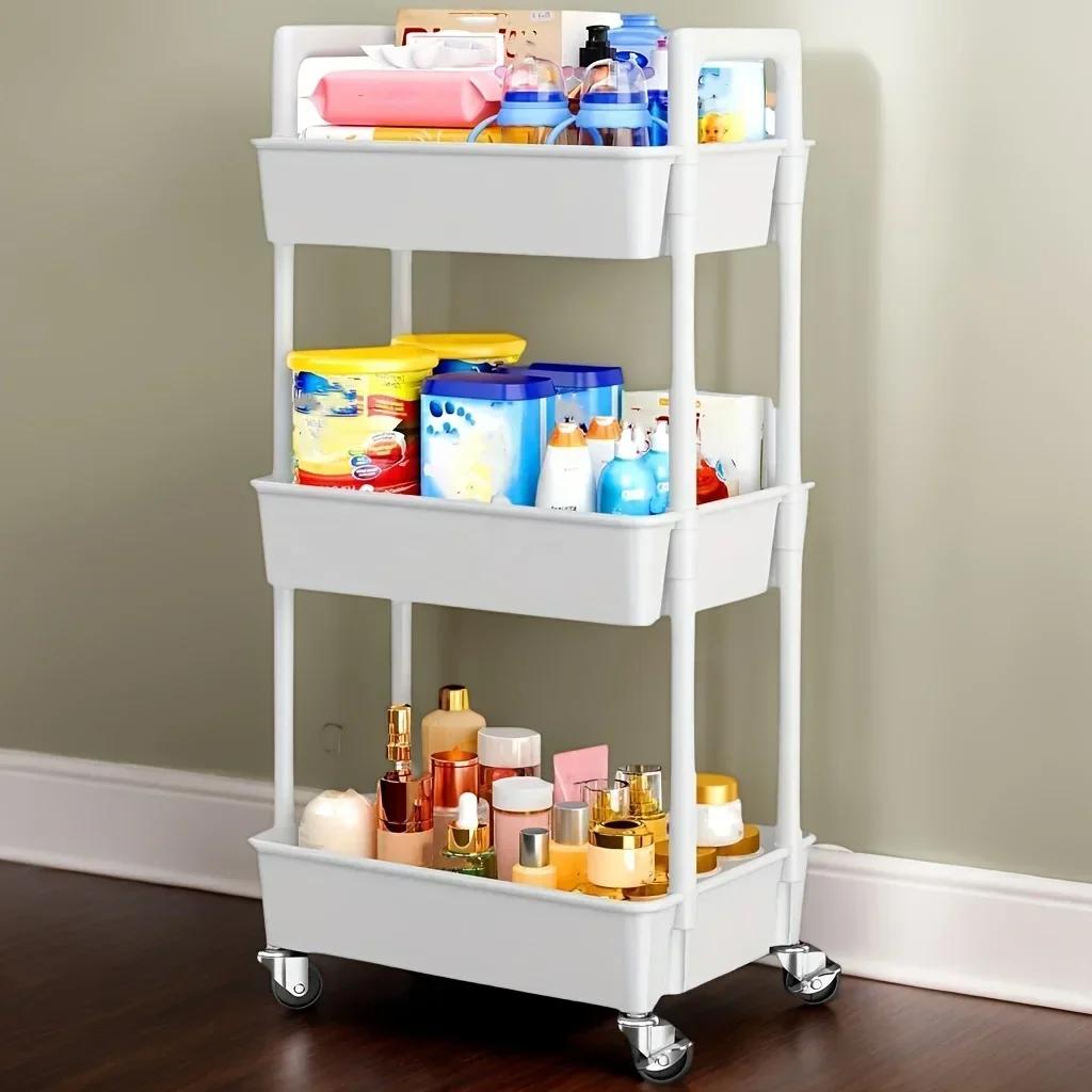 3 - Tier Utility Rolling Cart with Reinforced Handles:Versatile for Kitchen, Bathroom,Craft Room & More,Ideal for Multiple Rooms