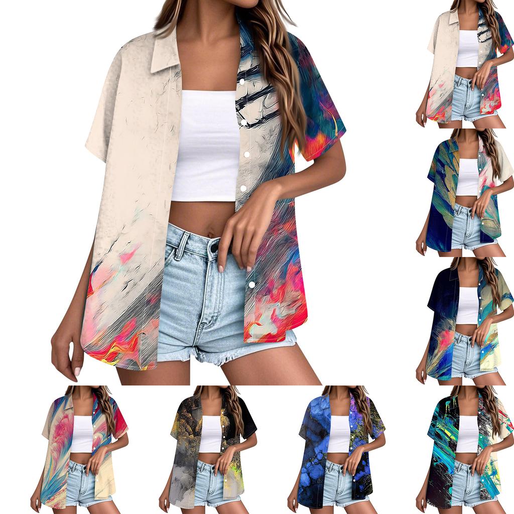 Women Casual Summer Beach Shirt Textured Print Short Sleeve Button Down Jacket Top Lightweight Loose Fit