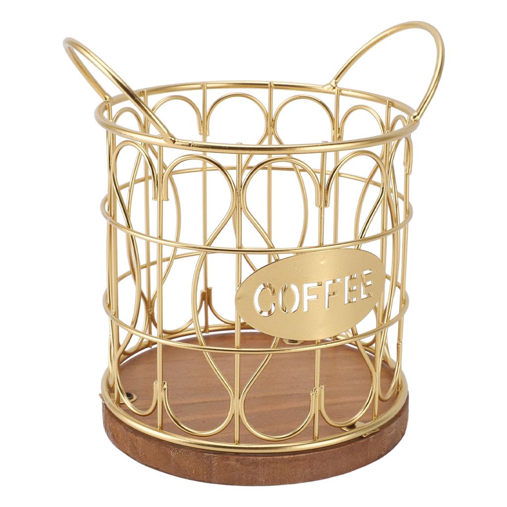 Coffee Pod Basket Decorative Round Wire Coffee Capsule Holder with Wooden Base for Cafe Kitchen Countertop