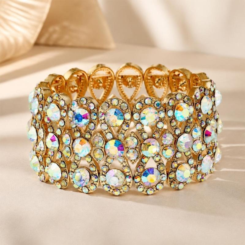 Stretch Bracelet with Repeating Figure-8 Links, Gold-Tone Zinc Alloy Design and Clear Decorative Rhinestones Details