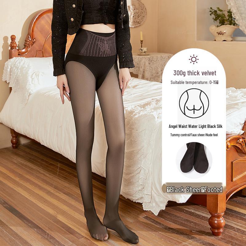 Women's High Waist Nude Feel Sheer Black Leggings with Velvet-Lined Tights