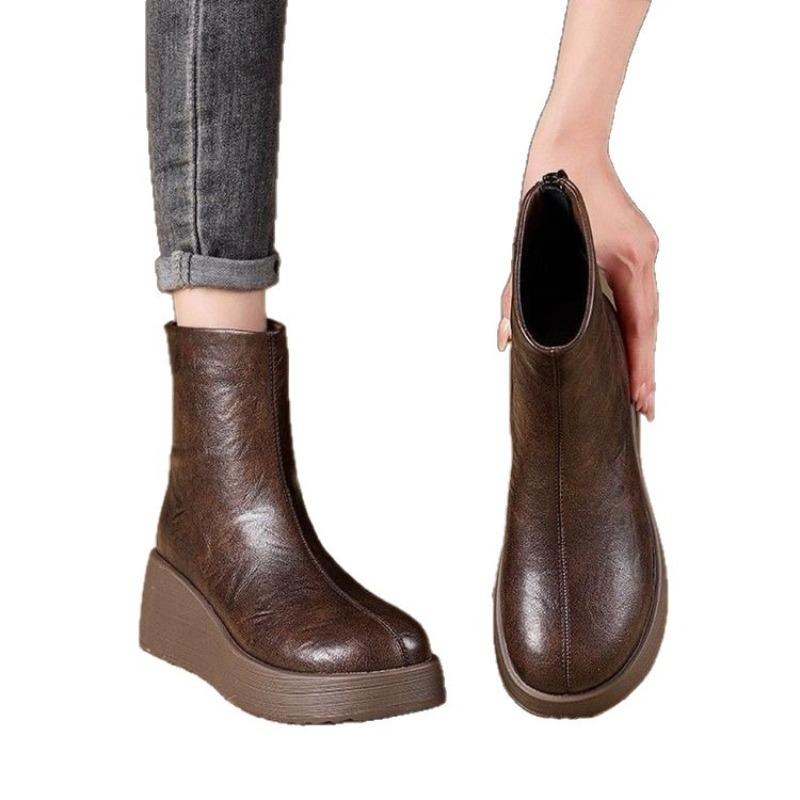 Nowe Wszechstronne Damskie Botki z Miękkiej Skóry, Botki na Koturnie, Antypoślizgowe Damskie Buty z Miękką Podeszwą